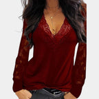 Women's V-Neck Lace Blouse – Lace Sleeve Long Sleeve Blouse