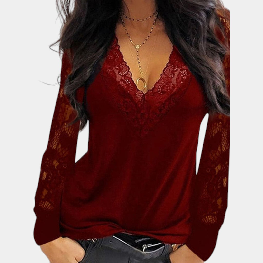 Women's V-Neck Lace Blouse – Lace Sleeve Long Sleeve Blouse