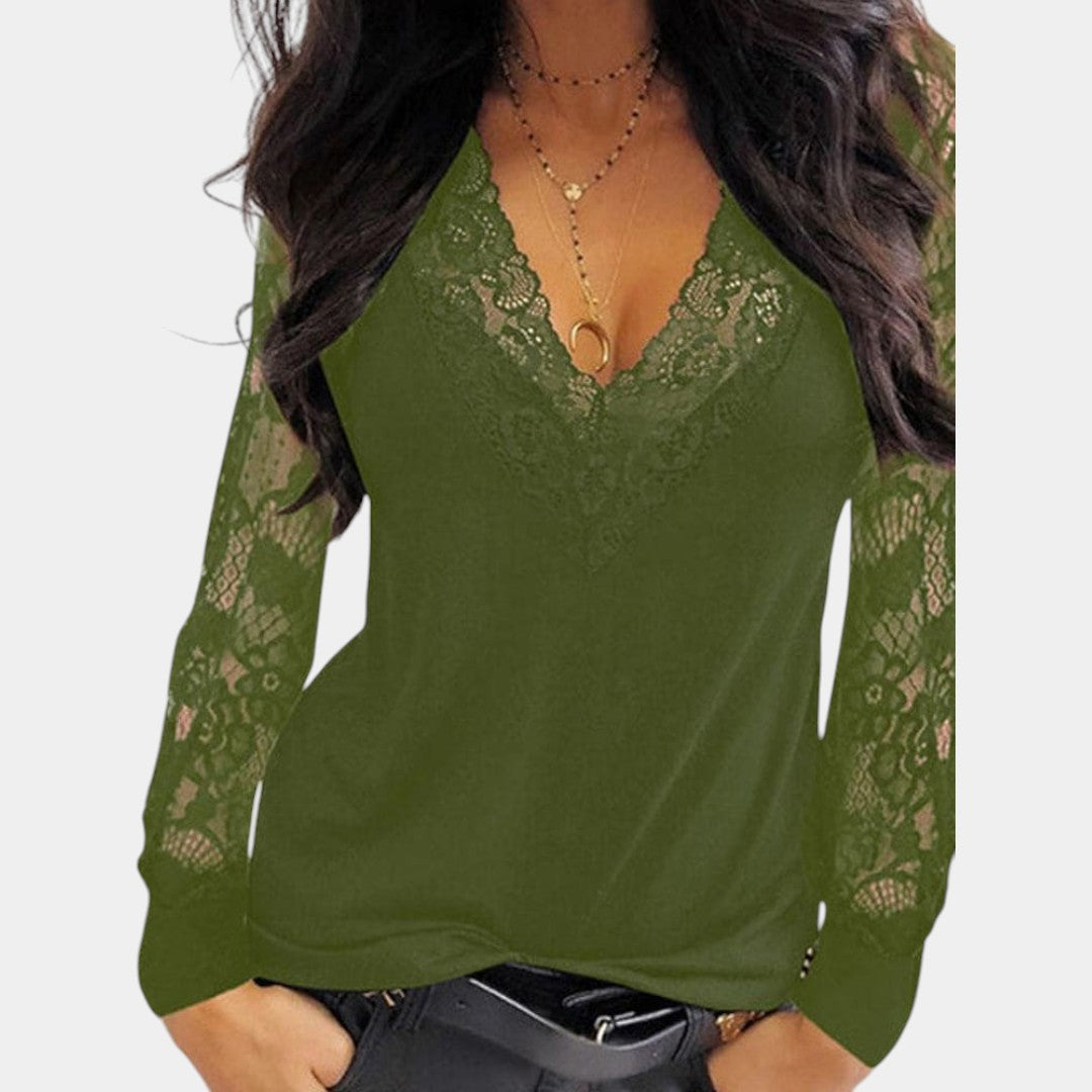 Women's V-Neck Lace Blouse – Lace Sleeve Long Sleeve Blouse