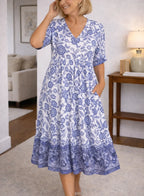Women's Short Sleeve Floral Midi Dress – V-Neck Layered Summer Dress