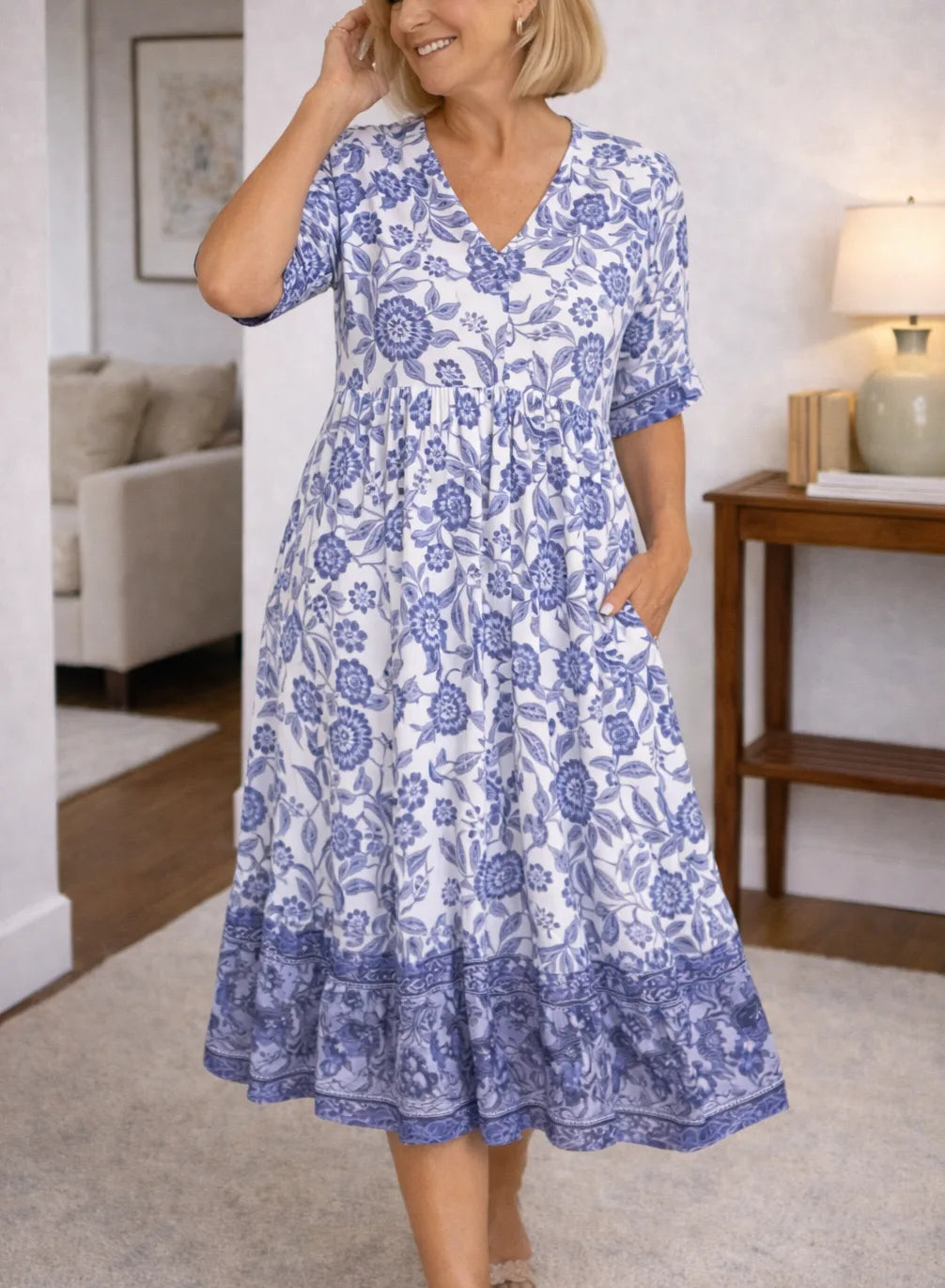 Women's Short Sleeve Floral Midi Dress – V-Neck Layered Summer Dress