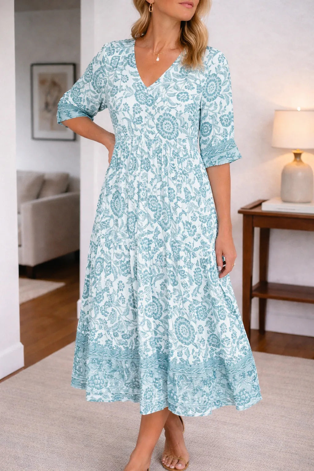 Women's Short Sleeve Floral Midi Dress – V-Neck Layered Summer Dress