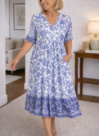 Women's Short Sleeve Floral Midi Dress – V-Neck Layered Summer Dress
