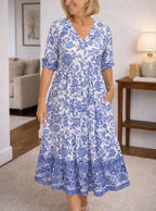 Women's Short Sleeve Floral Midi Dress – V-Neck Layered Summer Dress