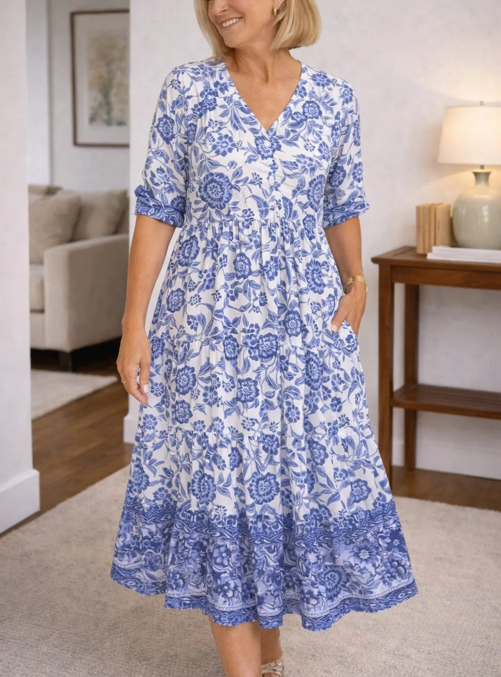 Women's Short Sleeve Floral Midi Dress – V-Neck Layered Summer Dress