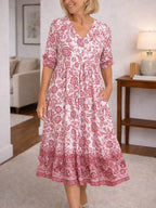 Women's Short Sleeve Floral Midi Dress – V-Neck Layered Summer Dress