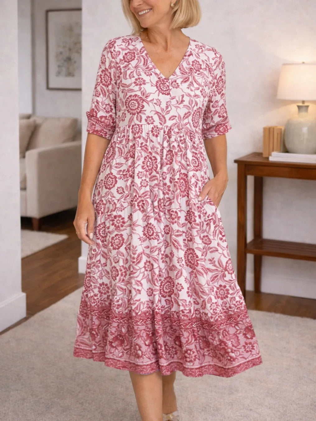 Women's Short Sleeve Floral Midi Dress – V-Neck Layered Summer Dress
