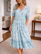 Women's Short Sleeve Floral Midi Dress – V-Neck Layered Summer Dress
