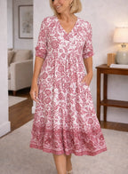 Women's Short Sleeve Floral Midi Dress – V-Neck Layered Summer Dress