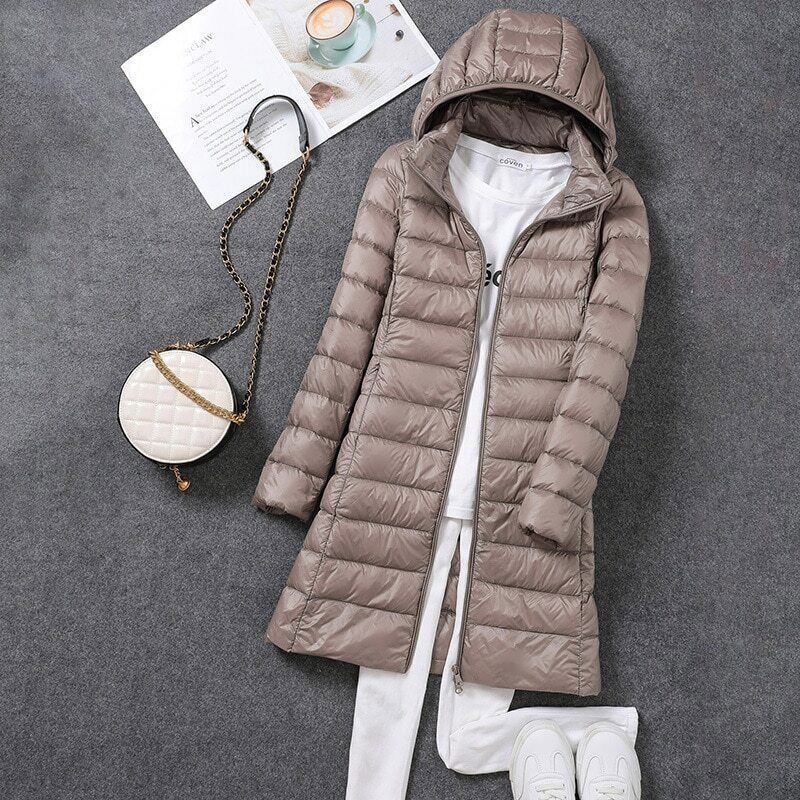Women's Lightweight Puffer Coat – Longline Removable Hood Jacket