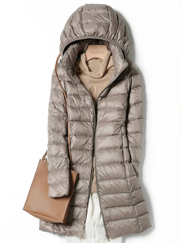 Women's Lightweight Puffer Coat – Longline Removable Hood Jacket