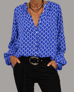 Women's Printed V-Neck Blouse – Geometric Long Sleeve Blouse