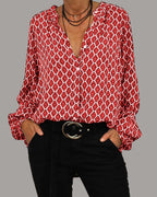 Women's Printed V-Neck Blouse – Geometric Long Sleeve Blouse