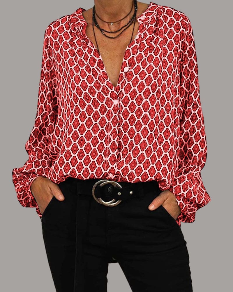 Women's Printed V-Neck Blouse – Geometric Long Sleeve Blouse