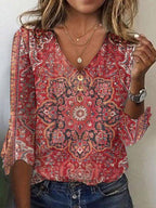 Women's Oriental Pattern Boho Blouse – Relaxed Printed Blouse