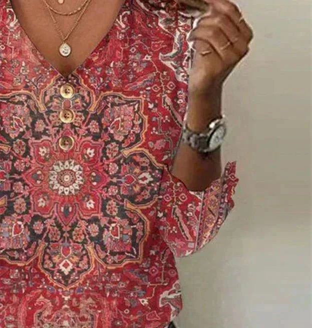 Women's Oriental Pattern Boho Blouse – Relaxed Printed Blouse