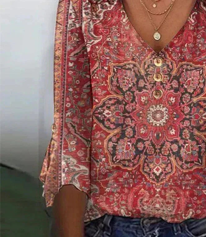 Women's Oriental Pattern Boho Blouse – Relaxed Printed Blouse