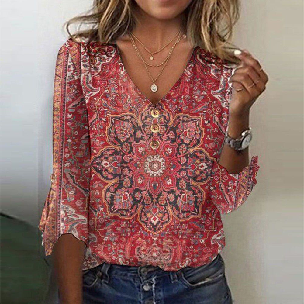Women's Oriental Pattern Boho Blouse – Relaxed Printed Blouse