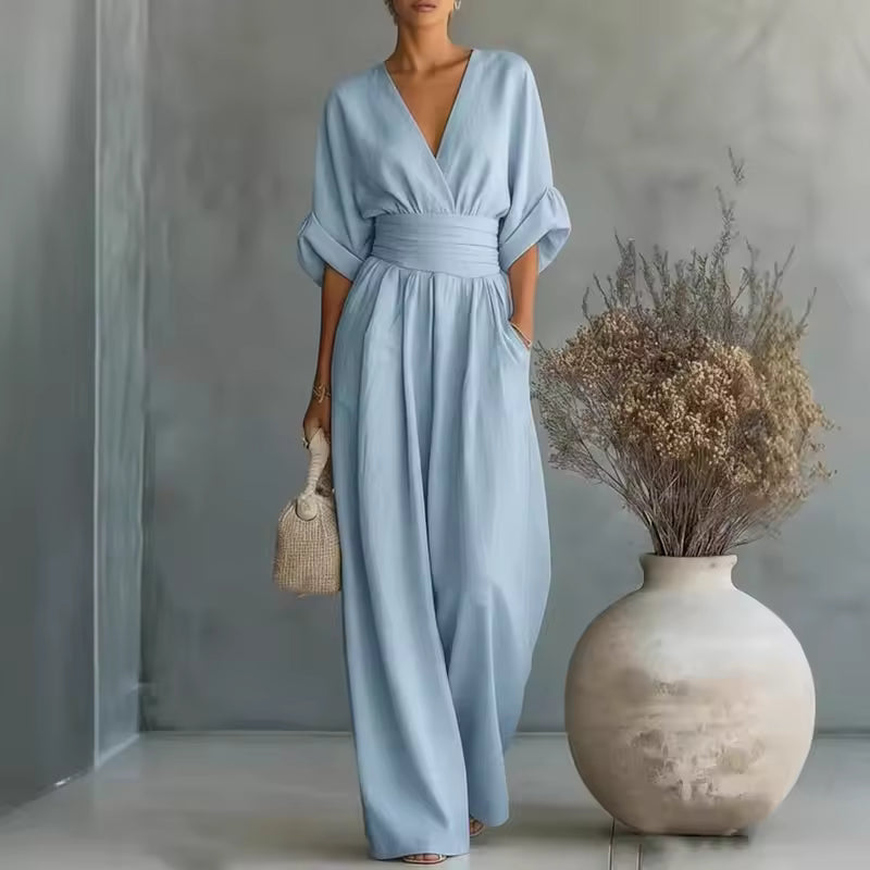 Women's V-Neck Wide Leg Jumpsuit – High Waist Pocket Formal Jumpsuit