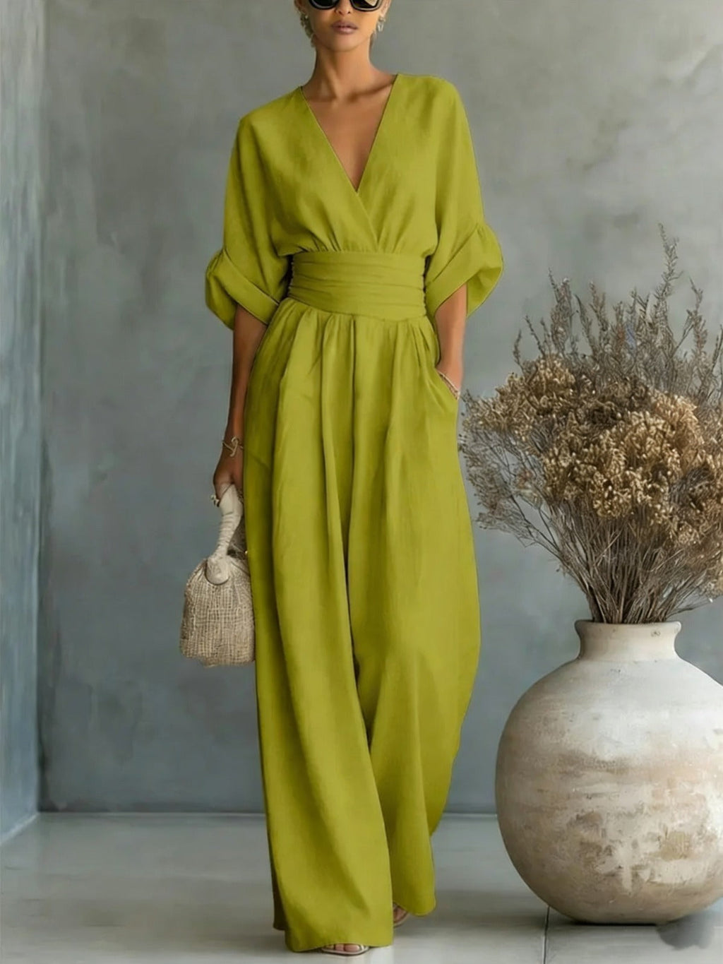 Women's V-Neck Wide Leg Jumpsuit – High Waist Pocket Formal Jumpsuit
