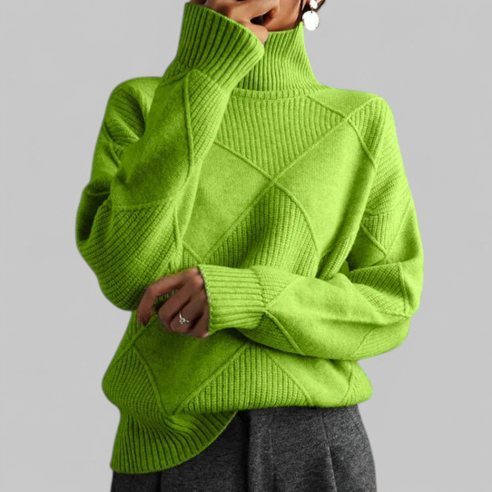 Women's Geometric Roll Neck Sweater – Relaxed Winter Knit Sweater