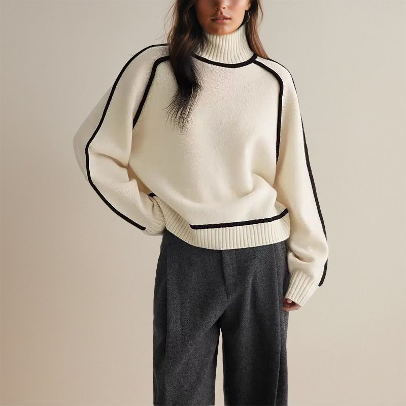 Women's Contrast Turtleneck Sweater – Color Block High Neck Pullover