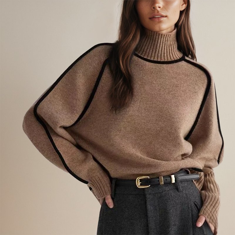 Women's Contrast Turtleneck Sweater – Color Block High Neck Pullover
