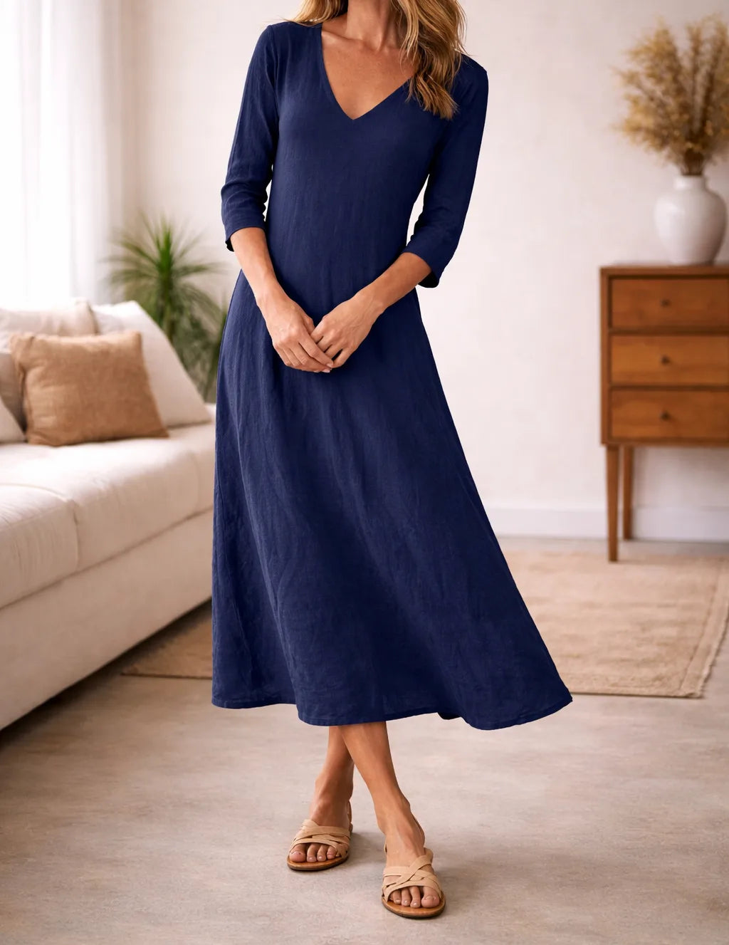 Women's V-Neck Three Quarter Sleeve Midi Dress – Relaxed Casual A-Line Dress