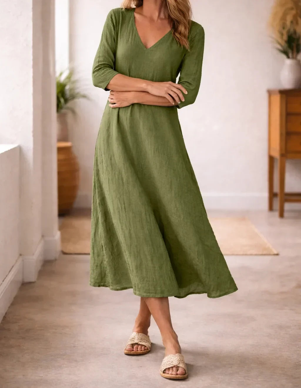 Women's V-Neck Three Quarter Sleeve Midi Dress – Relaxed Casual A-Line Dress