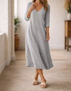 Women's V-Neck Three Quarter Sleeve Midi Dress – Relaxed Casual A-Line Dress