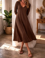 Women's V-Neck Three Quarter Sleeve Midi Dress – Relaxed Casual A-Line Dress