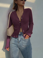 Women's Ruffle Hem Cardigan – Pearl Closure Long Sleeve Cardigan