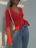 Women's Ruffle Hem Cardigan – Pearl Closure Long Sleeve Cardigan