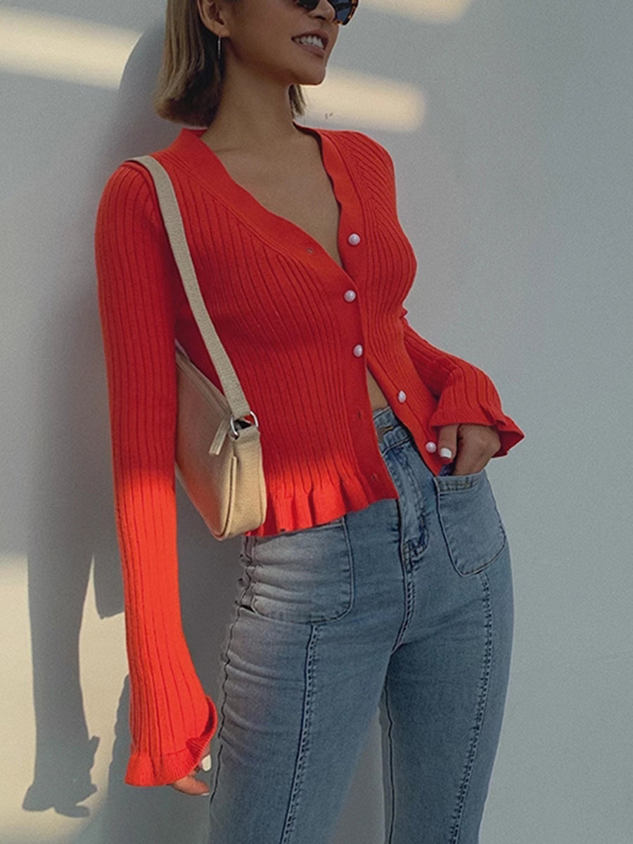 Women's Ruffle Hem Cardigan – Pearl Closure Long Sleeve Cardigan