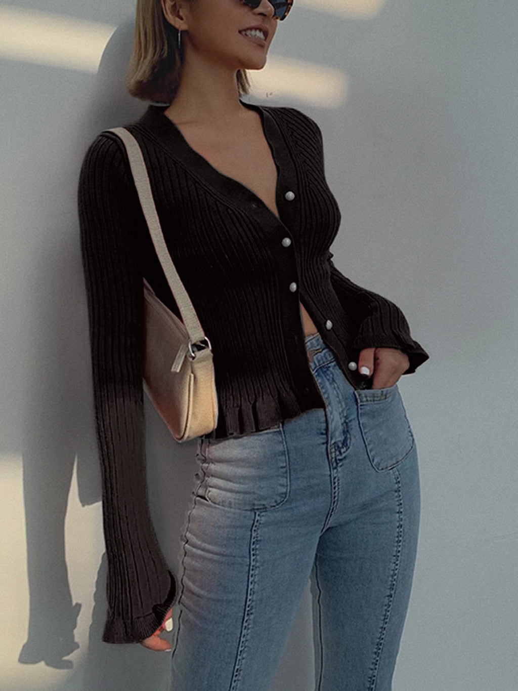 Women's Ruffle Hem Cardigan – Pearl Closure Long Sleeve Cardigan