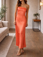 Women's Strapless Pleated Maxi Dress – Open Back Formal Evening Dress