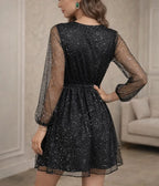 Women's Sheer Sleeve Sparkly Mini Dress – V-Neck Evening Party Dress