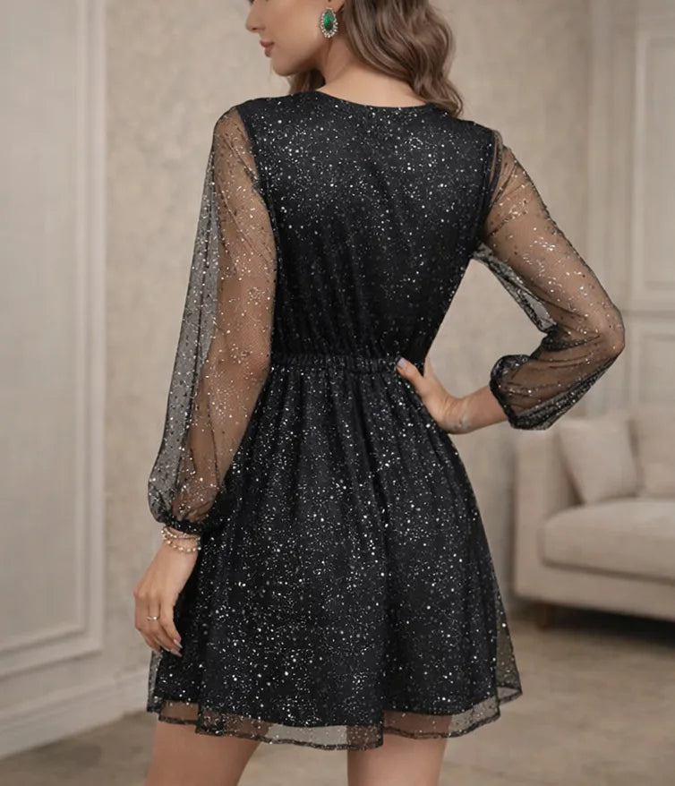 Women's Sheer Sleeve Sparkly Mini Dress – V-Neck Evening Party Dress
