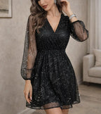 Women's Sheer Sleeve Sparkly Mini Dress – V-Neck Evening Party Dress