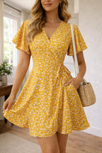 Women's Short Sleeve Floral Mini Dress – V-Neck Wrap Summer Dress