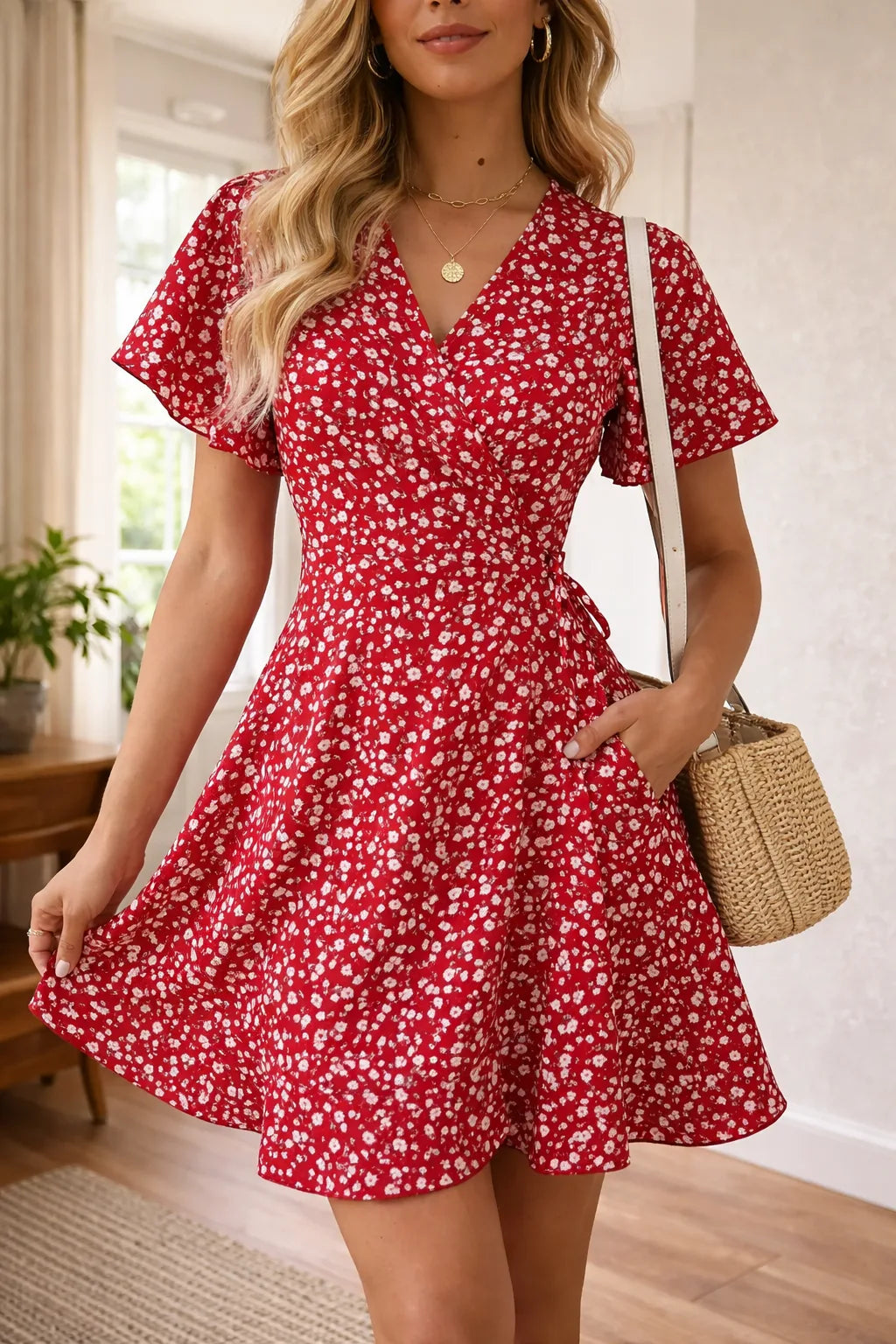 Women's Short Sleeve Floral Mini Dress – V-Neck Wrap Summer Dress