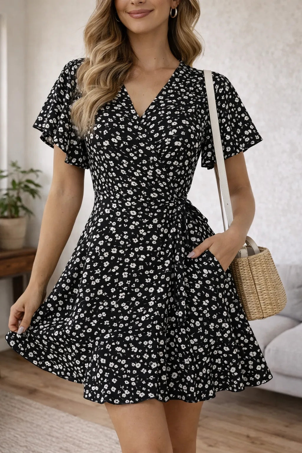 Women's Short Sleeve Floral Mini Dress – V-Neck Wrap Summer Dress