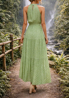 Women's Polka Dot Tiered Maxi Dress – Halter Neck Belted Summer Dress