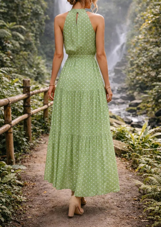 Women's Polka Dot Tiered Maxi Dress – Halter Neck Belted Summer Dress