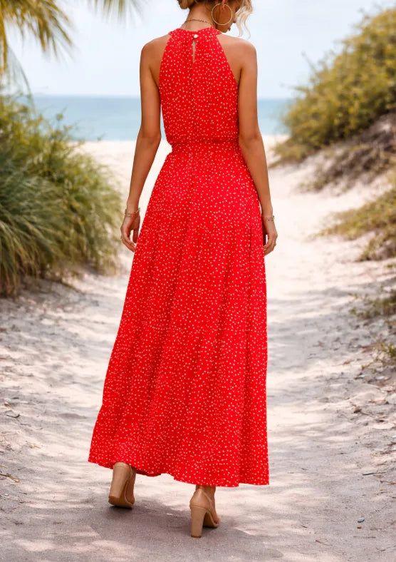 Women's Polka Dot Tiered Maxi Dress – Halter Neck Belted Summer Dress