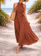 Women's Polka Dot Tiered Maxi Dress – Halter Neck Belted Summer Dress