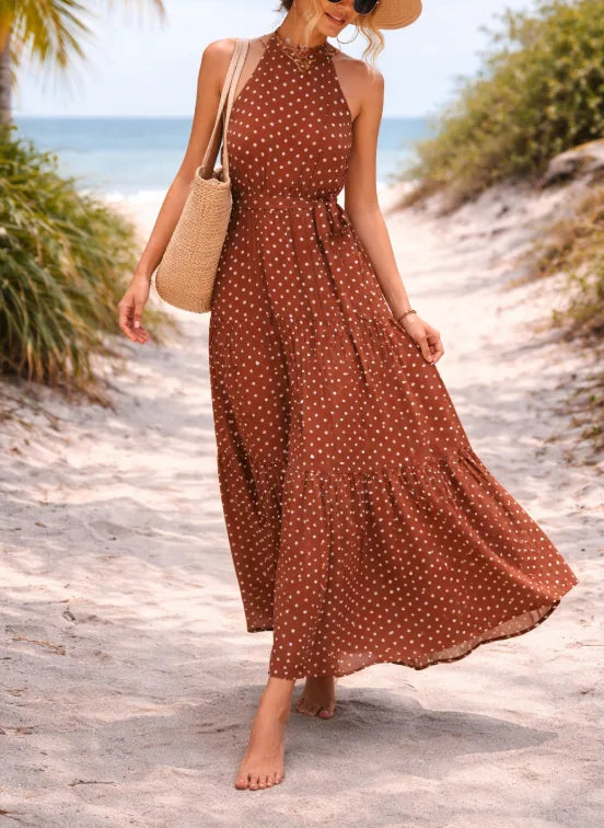 Women's Polka Dot Tiered Maxi Dress – Halter Neck Belted Summer Dress