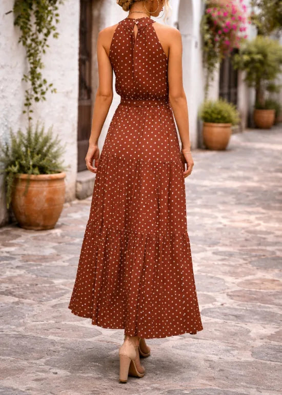 Women's Polka Dot Tiered Maxi Dress – Halter Neck Belted Summer Dress