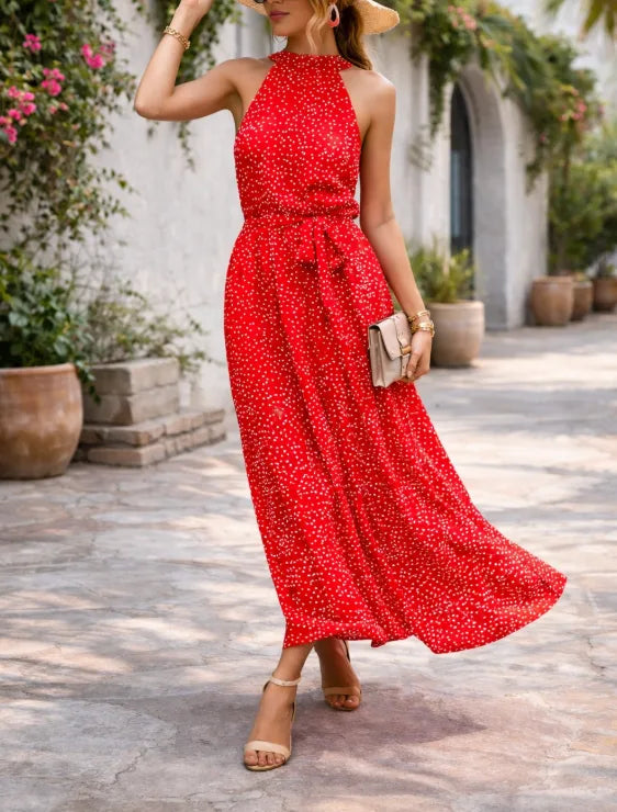Women's Polka Dot Tiered Maxi Dress – Halter Neck Belted Summer Dress