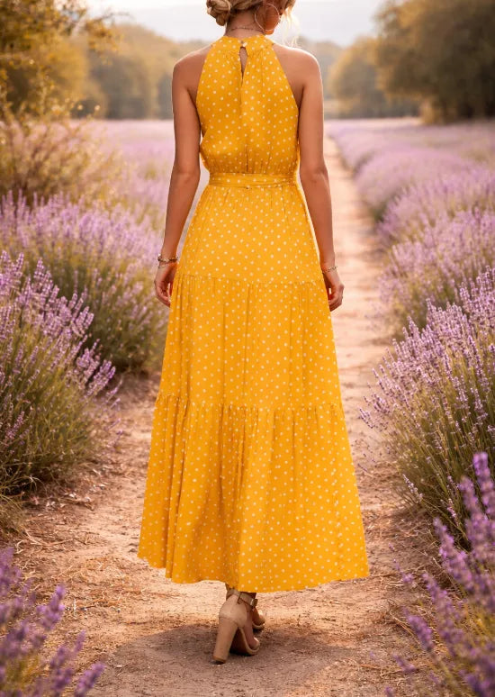 Women's Polka Dot Tiered Maxi Dress – Halter Neck Belted Summer Dress